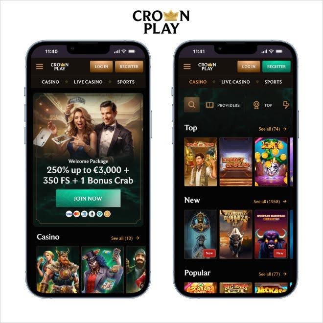 Crownplay online casino homepage highlighting fast Interac withdrawals, CAD payments, and casino bonuses